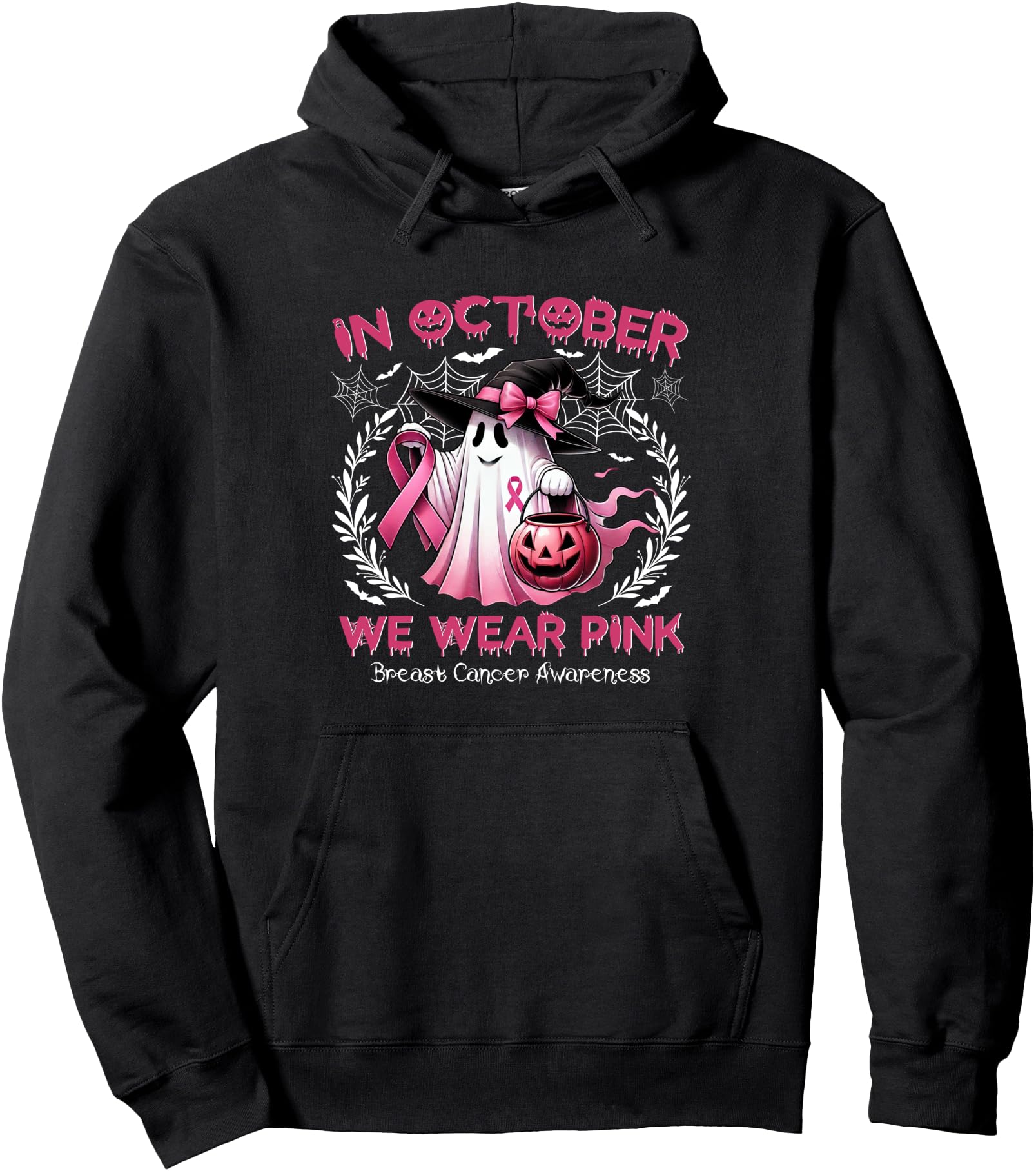 In October We Wear Pink Ghost Witch Breast Cancer Awareness Pullover Hoodie