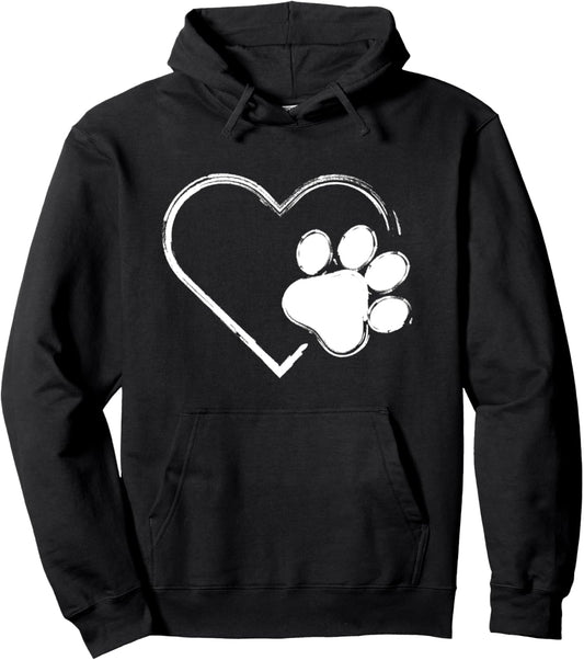 Cat Dog Paw Print White Heart for Pet Lover Pullover Hoodie