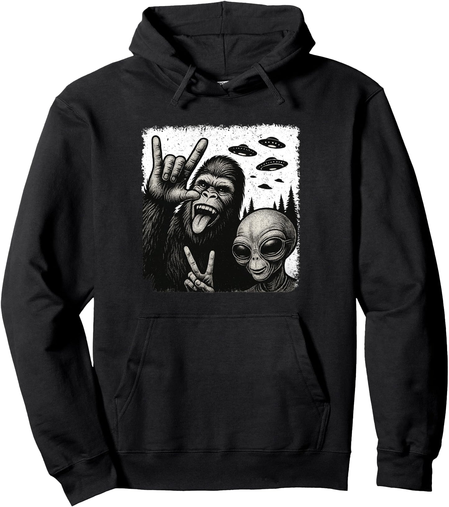 Funny Bigfoot & Alien Sasquatch Rock On Hand Sign UFO Selfie Pullover Hoodie