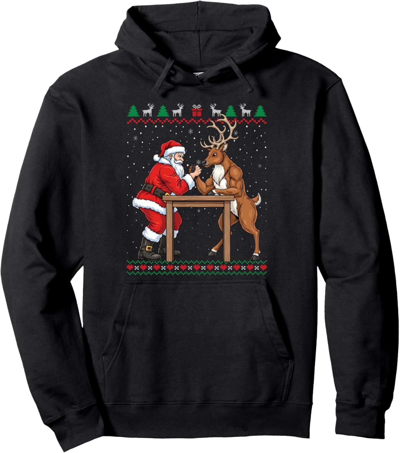 Funny Santa Arm Wrestling Christmas Reindeer Ugly Sweater Pullover Hoodie