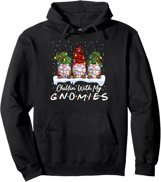 Chillin With My Gnomies Funny Gnomes Buffalo Plaid Christmas Pullover Hoodie