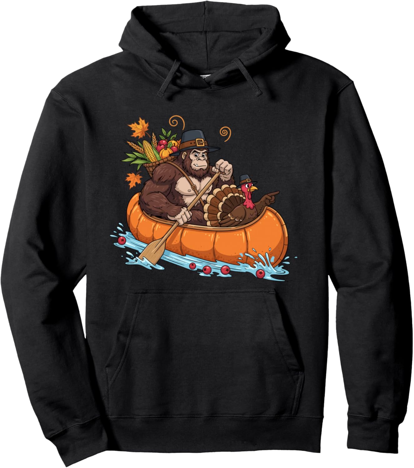 Bigfoot Pilgrim Turkey Pumpkin Canoe Sasquatch Thanksgiving Pullover Hoodie