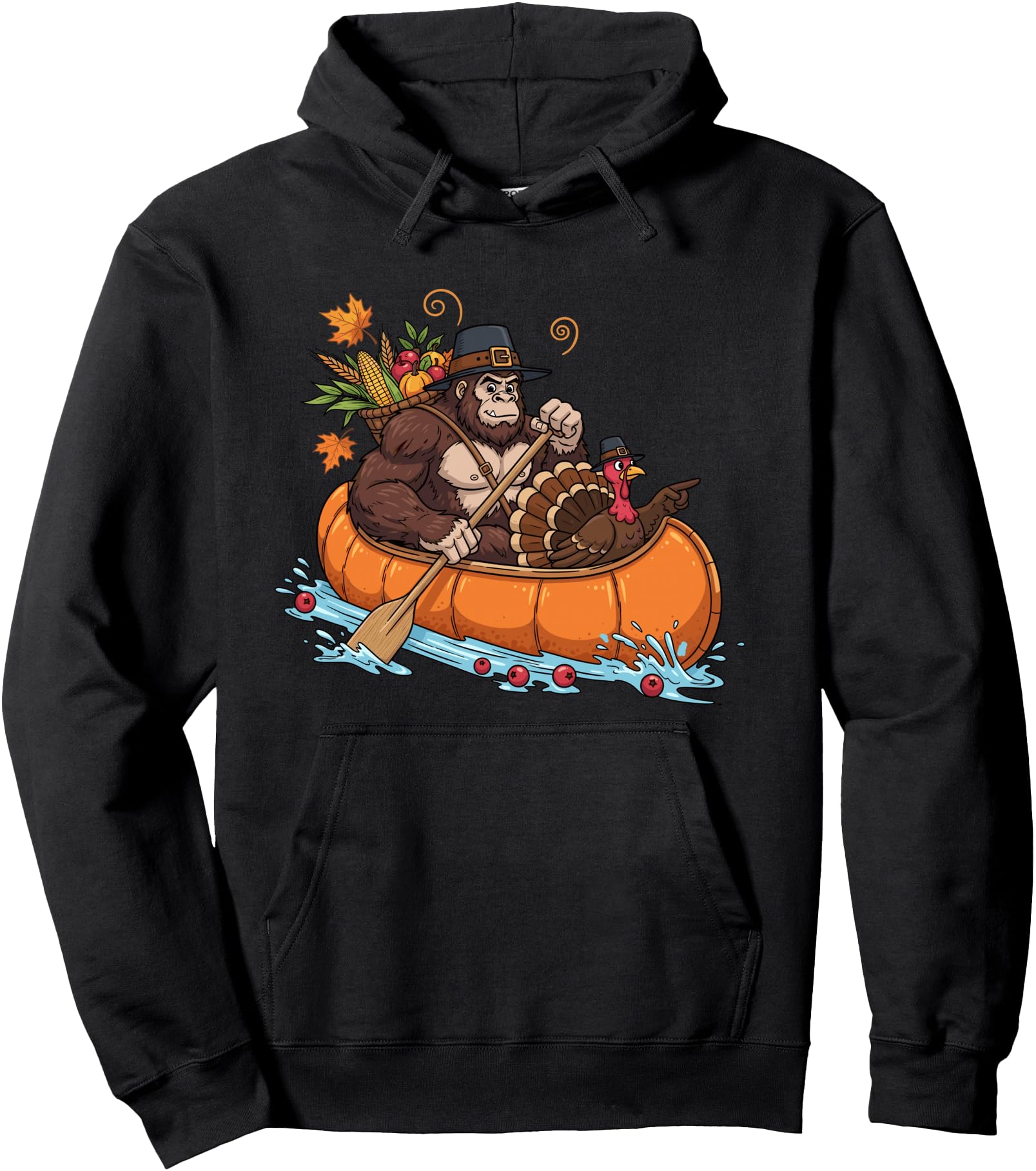Bigfoot Pilgrim Turkey Pumpkin Canoe Sasquatch Thanksgiving Pullover Hoodie