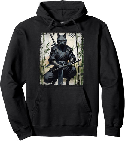 Samurai Cat Graphic Warrior Vintage Japanese Art Anime Pullover Hoodie