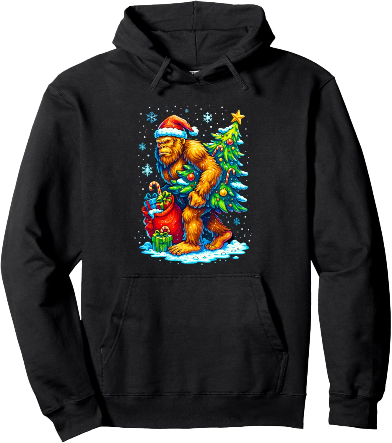 Bigfoot Christmas Tree Santa Hat Funny Sasquatch Xmas Lights Pullover Hoodie