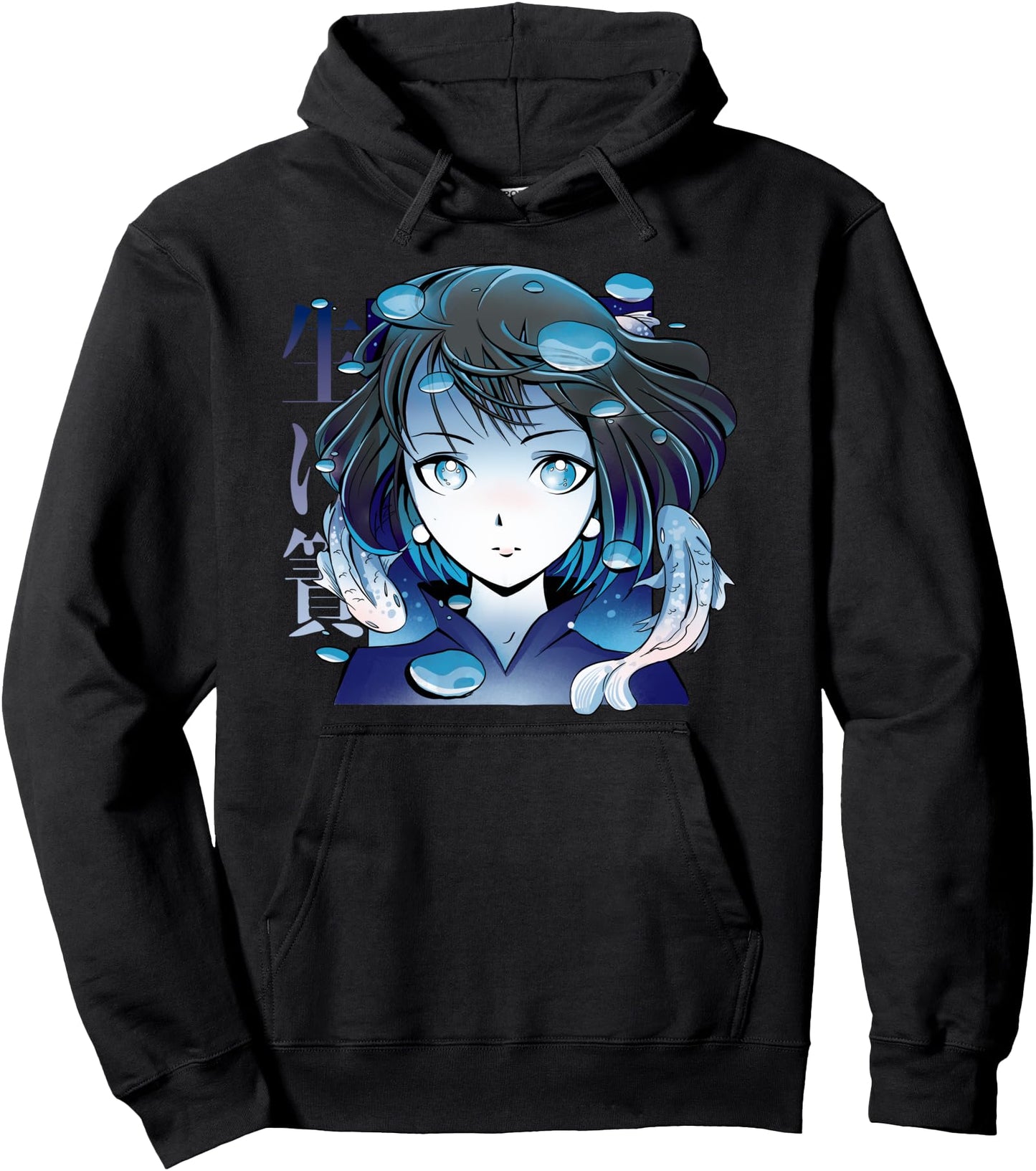 Cute Anime Girl with Koi Fish Water Japanese Illustration Pullover Hoodie