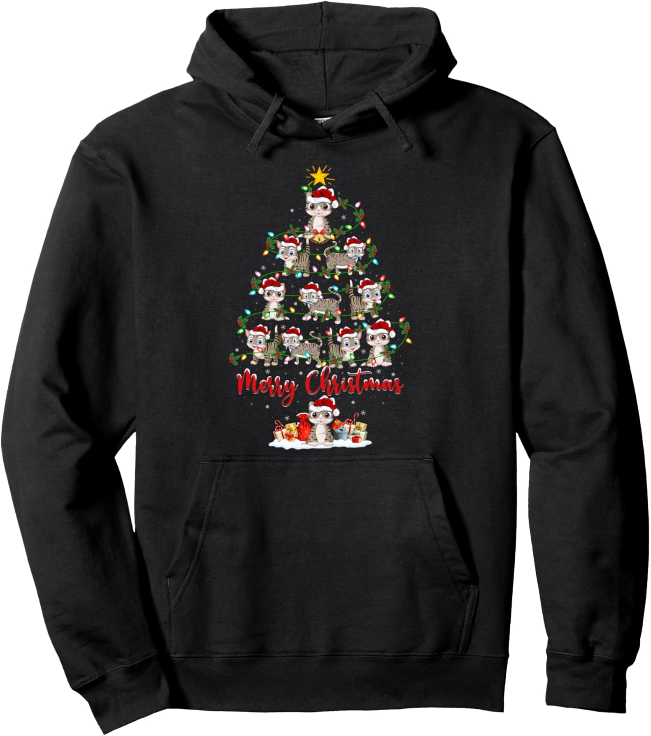 Cat Xmas Lighting Santa Cat Christmas Tree Pullover Hoodie