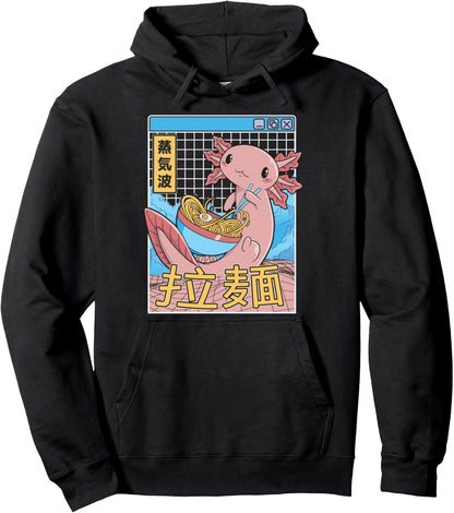 Axolotl Eating Ramen Japan Style 80s Otaku Vaporwave Anime Pullover Hoodie