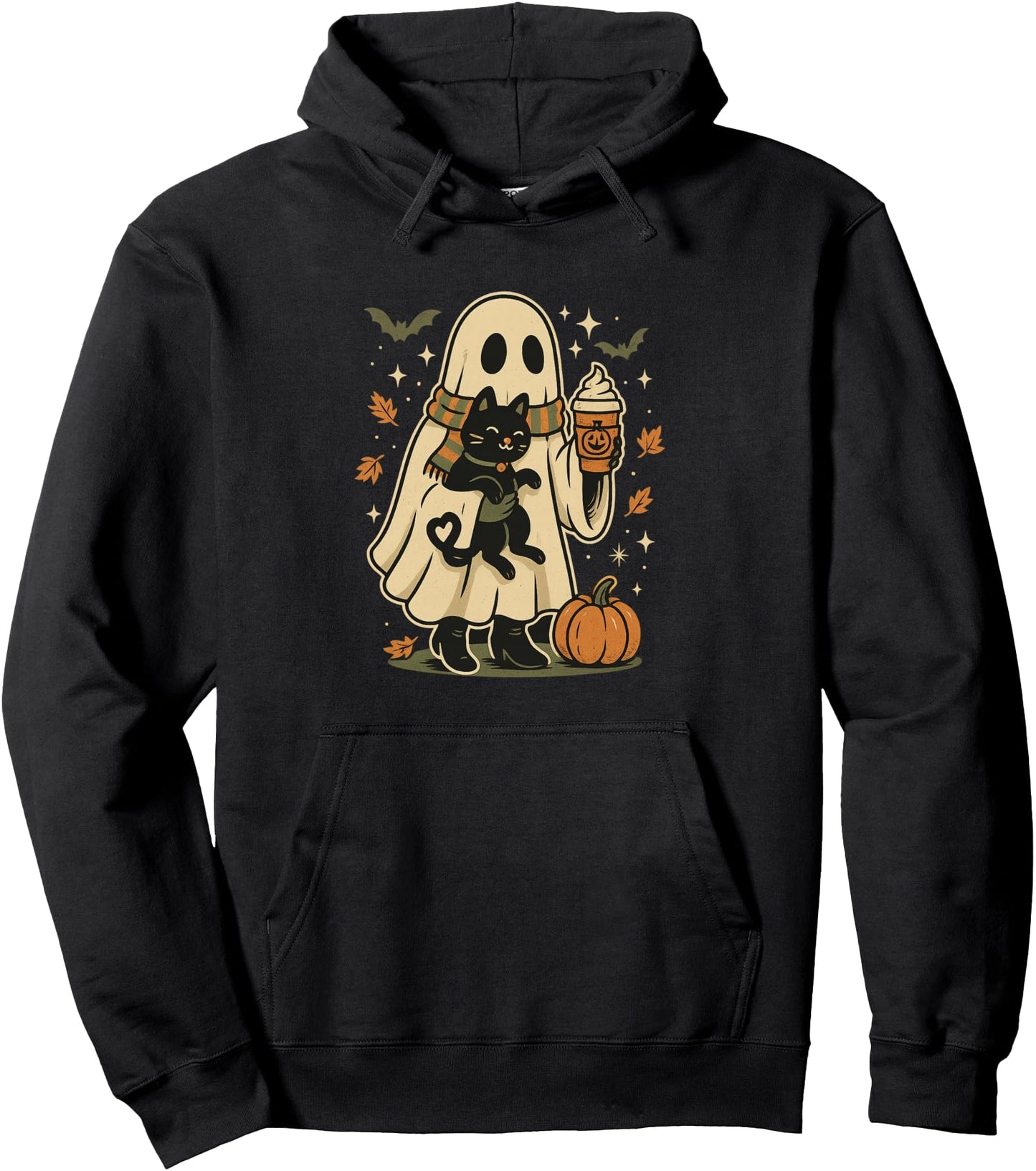 Cute Ghost And Black Cat Pumpkin Coffee Halloween Pullover Hoodie