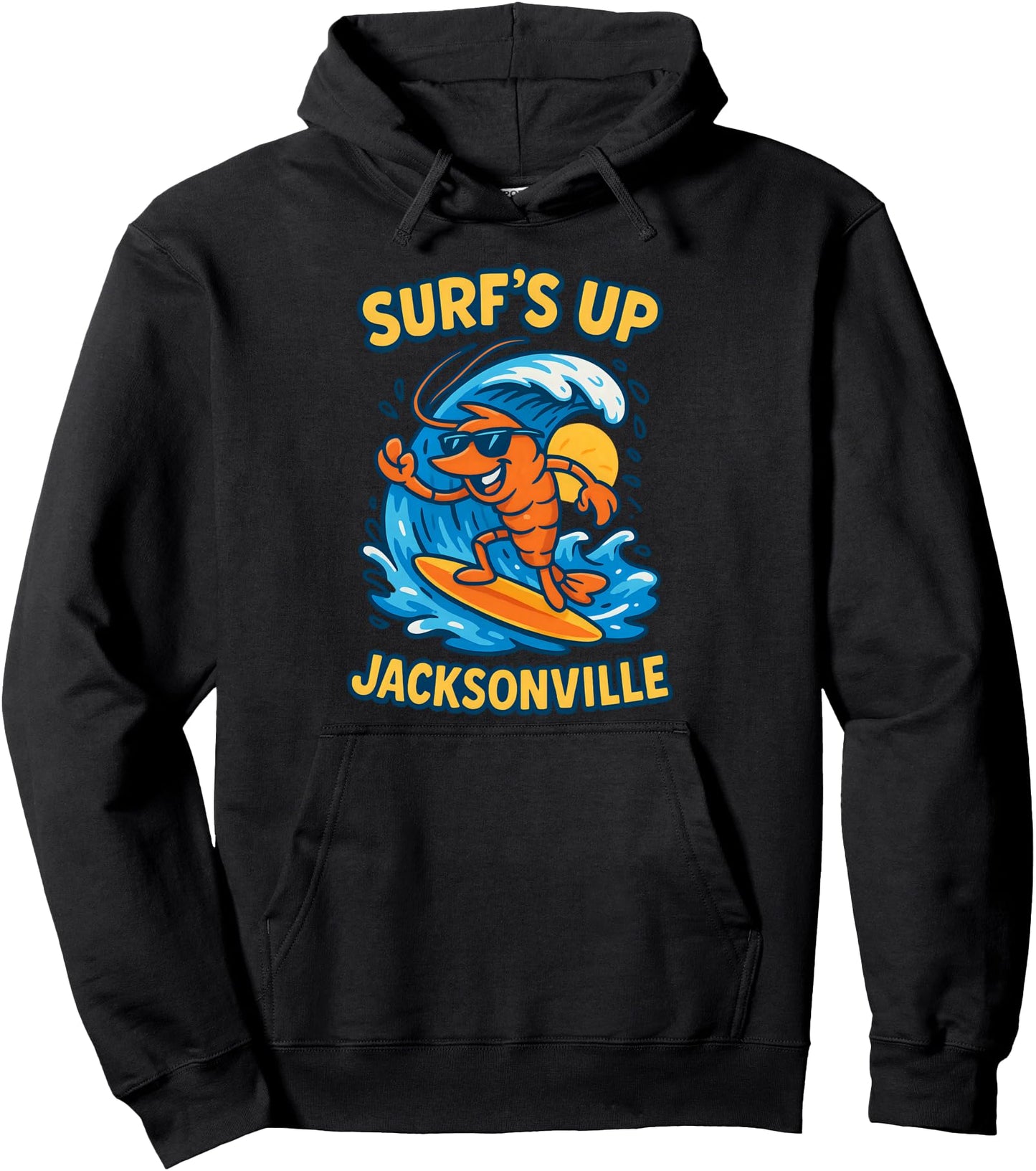 Jacksonville Surfing Shrimp Cartoon Fun Jax Beach Atlantic Pullover Hoodie