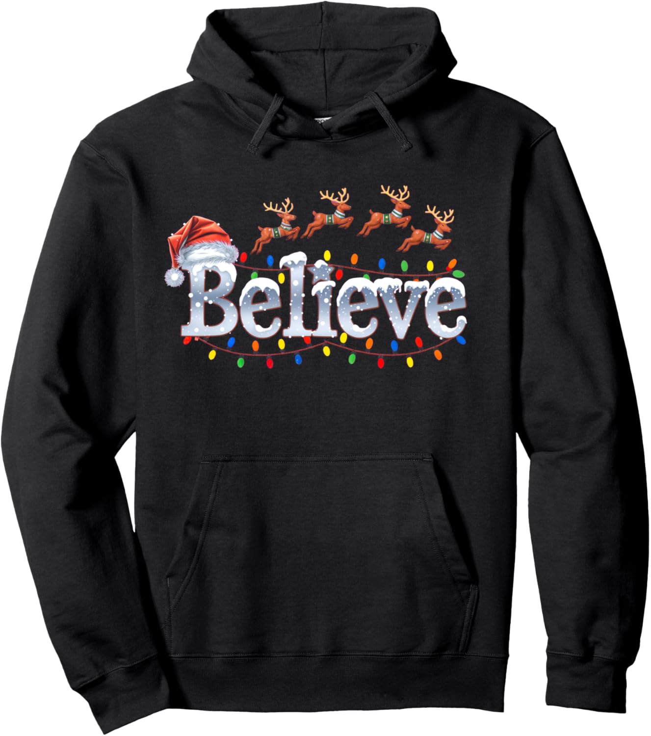 Christmas Believe Santa Claus Hat Reindeers Xmas Lights Pullover Hoodie