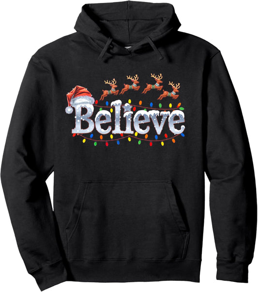 Christmas Believe Santa Claus Hat Reindeers Xmas Lights Pullover Hoodie