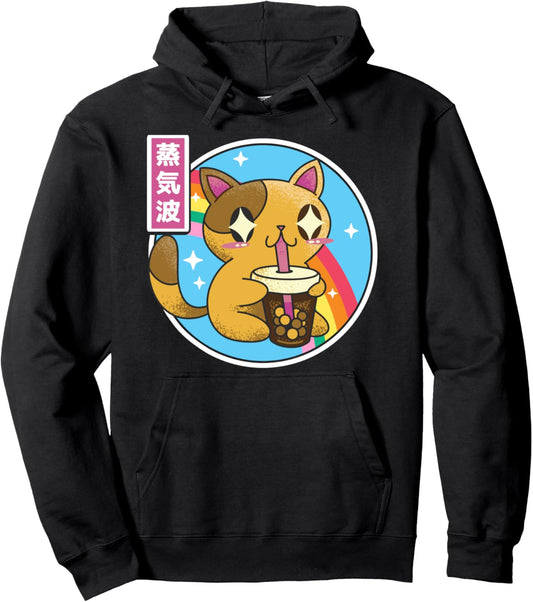 Cat Drinking Bubble Tea Boba Japan Otaku 80s Vaporwave Anime Pullover Hoodie