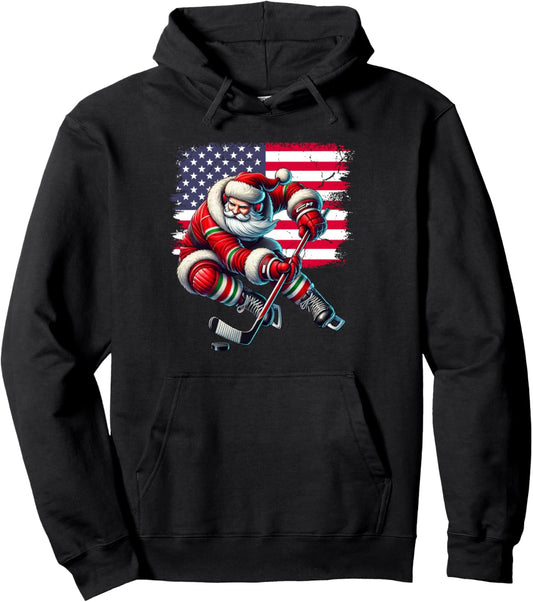 American Flag Santa Hat Ice Hockey Christmas Gifts Pullover Hoodie
