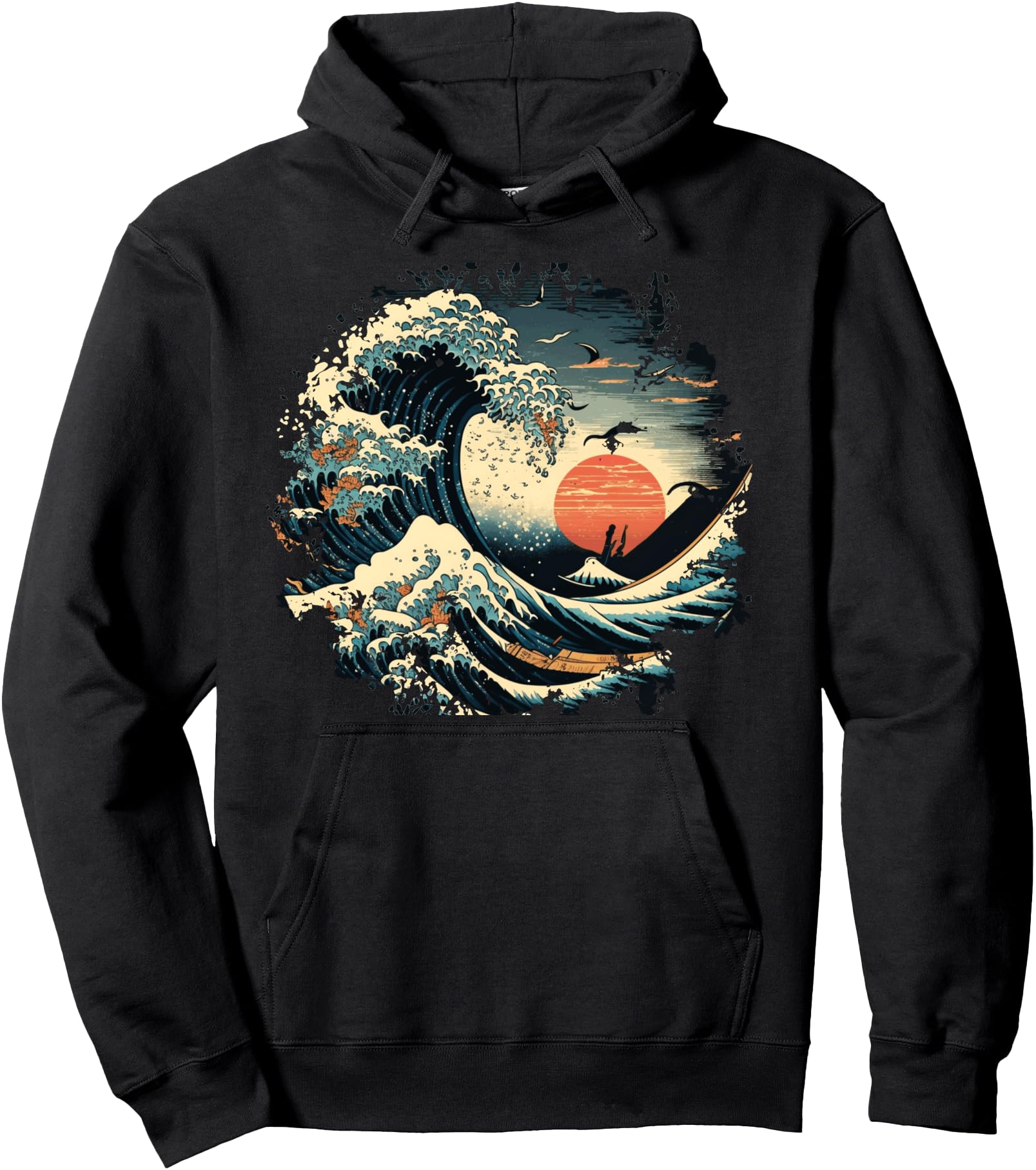 The Great Wave Off Kanagawa Japan Art Sunset Cherry Blossom Pullover Hoodie