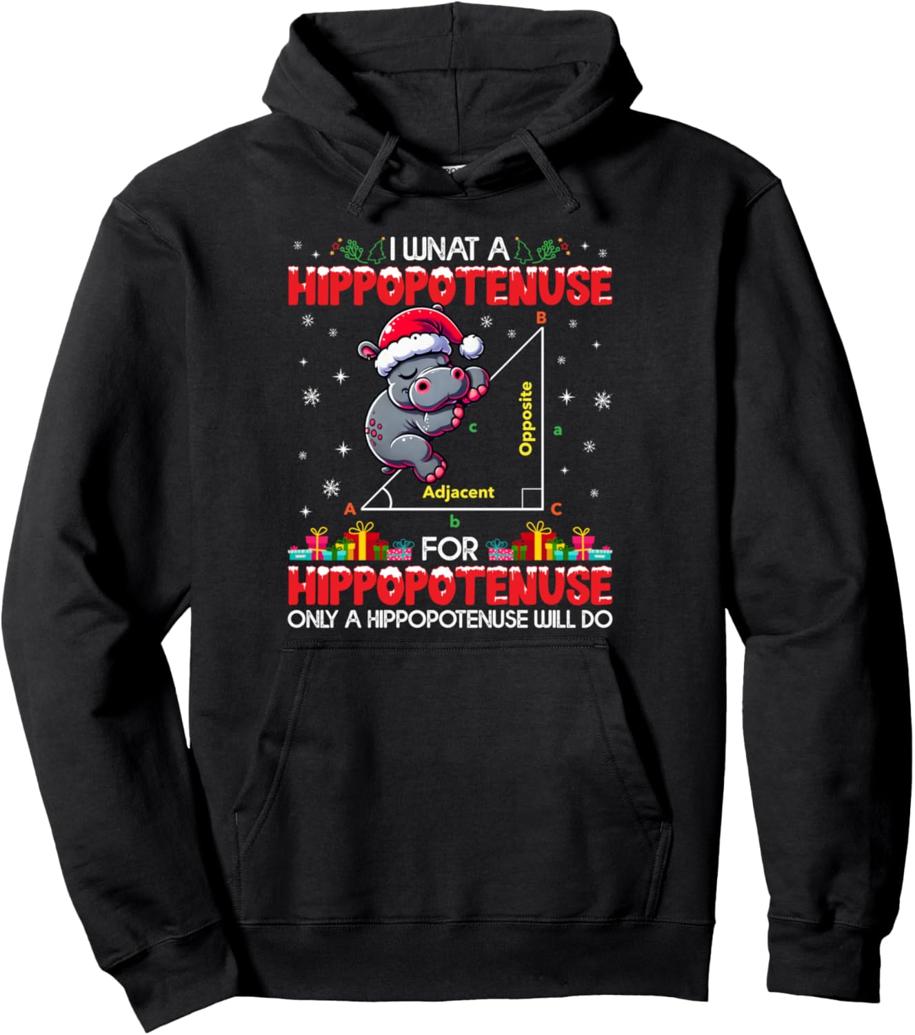 Christmas Hippotenuse Hippo Funny Math Santa Hat Gifts Xmas Pullover Hoodie