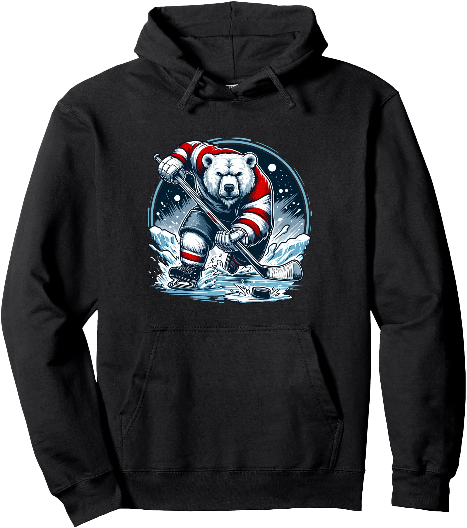 Hockey Bear on Ice: A Funny Polar Bear Playing Hockey Pullover Hoodie