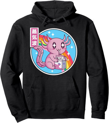 Axolotl Drinking Strawberry Milk Japan Otaku Vaporwave Anime Pullover Hoodie