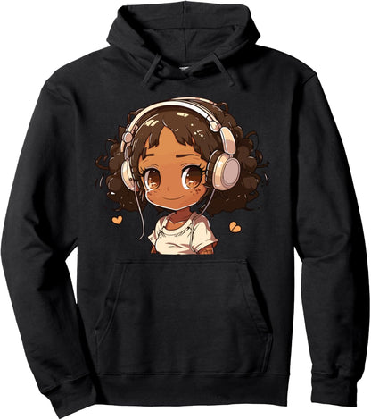 Anime and Music Black Girl Anime Merch Afro African American Pullover Hoodie