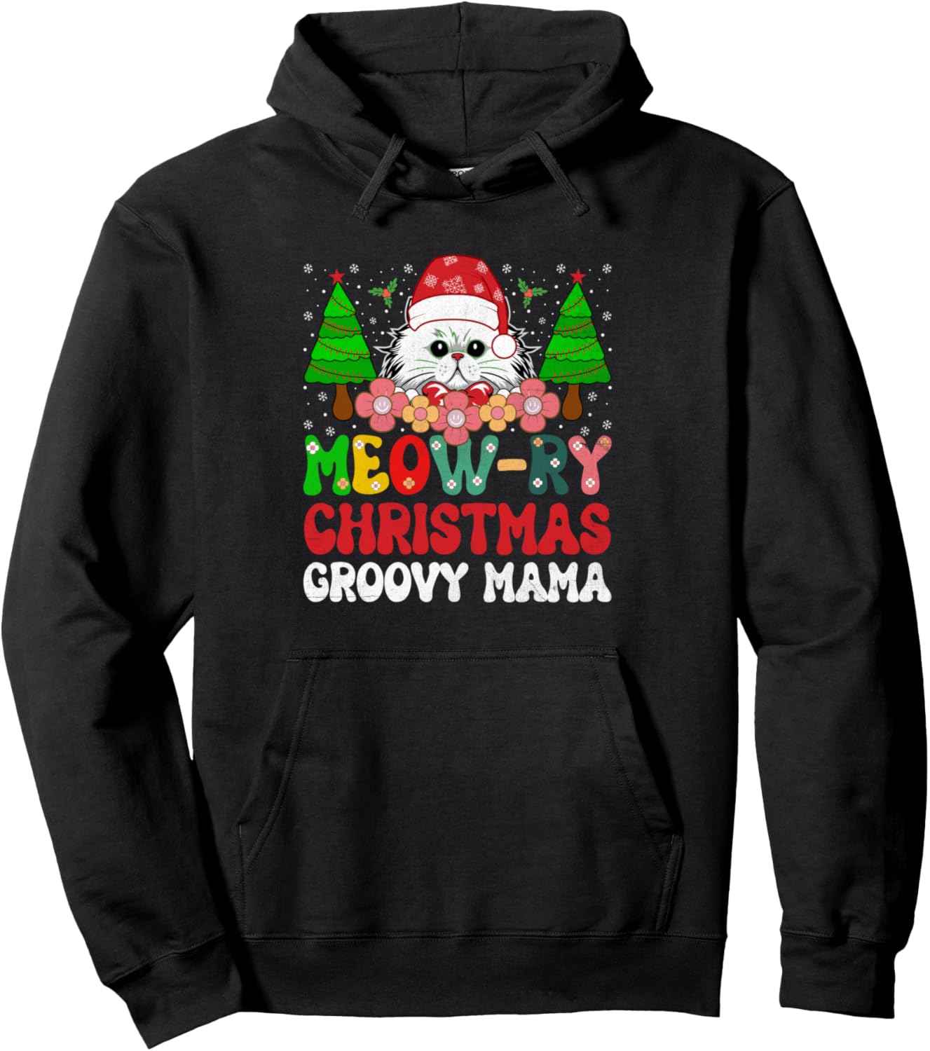 Christmas Cat Mom Retro Groovy Cats Adoption Holiday Pullover Hoodie