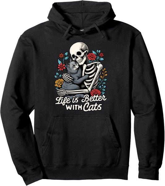 Cat Lover Cat Mom Skeleton Hugs Cat Life Is Better With Cats Pullover Hoodie