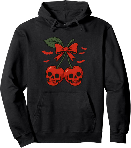 Cherry Skulls With Bats Cool Halloween Cherries Pullover Hoodie