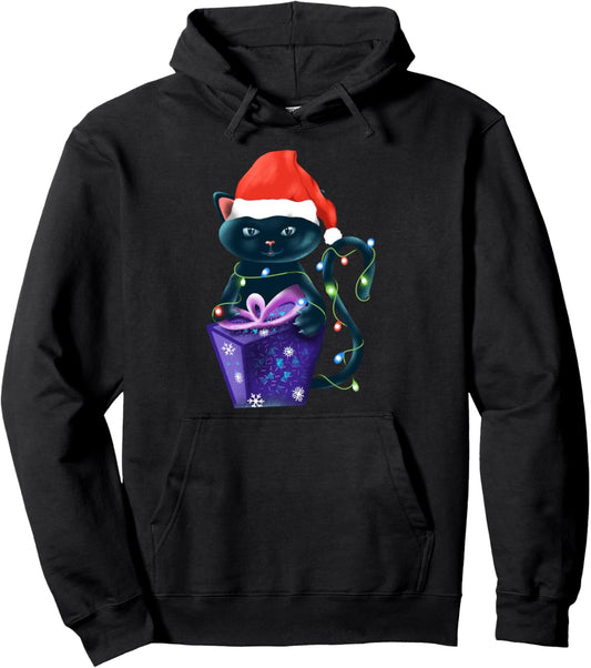 Christmas cat with hat light up Funny Christmas Cat Lovers Pullover Hoodie