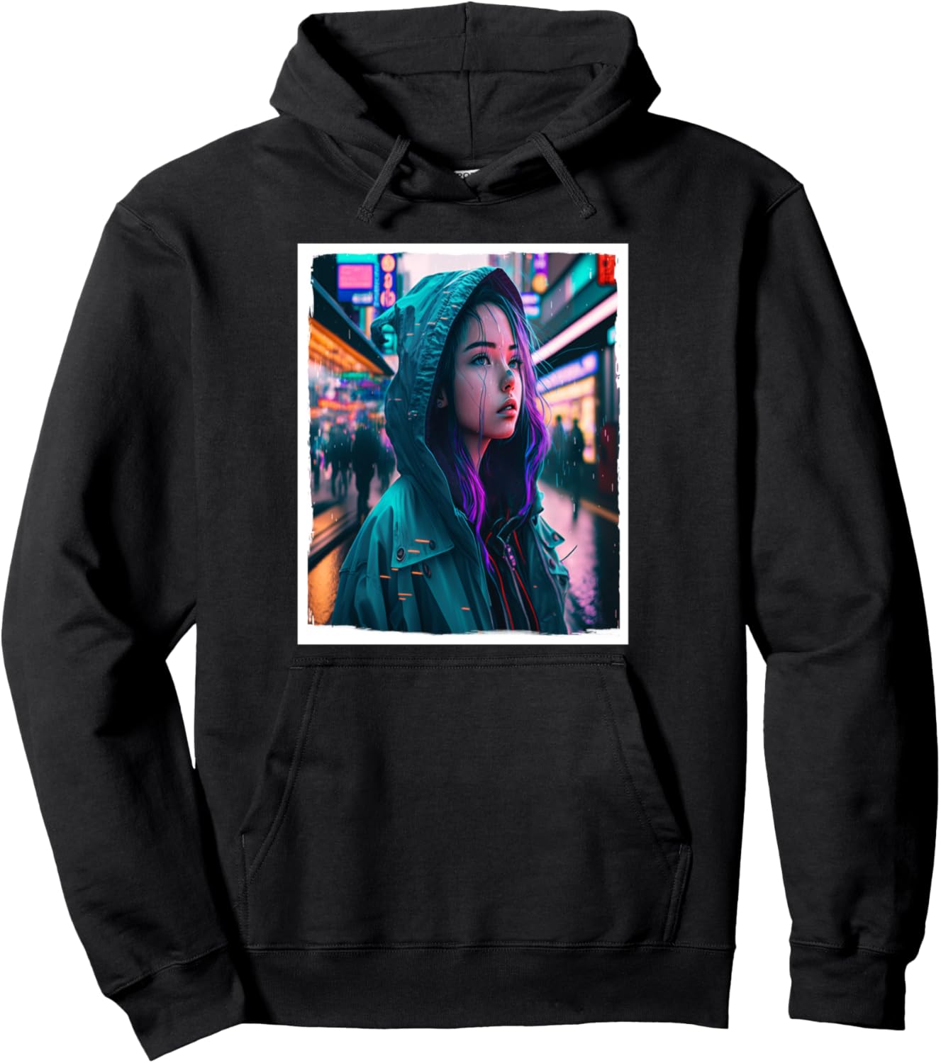 Vaporwave Aesthetic Retro Japan Neon Girl Rain Emo Anime Pullover Hoodie