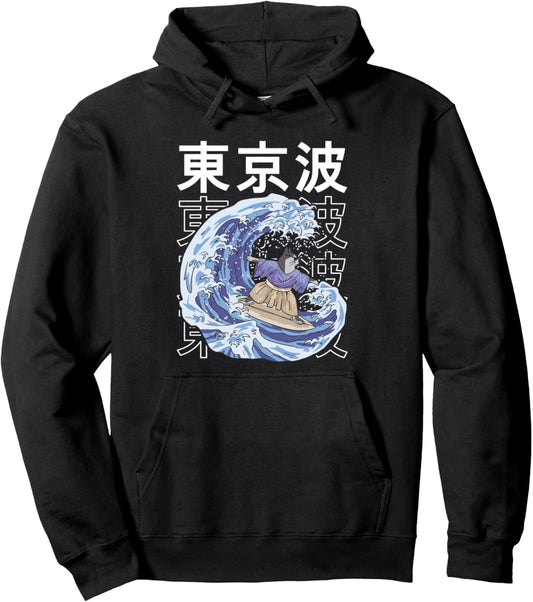 Cat Surfing Japanese Waves Japan Aesthetic Girls Teen Anime Pullover Hoodie