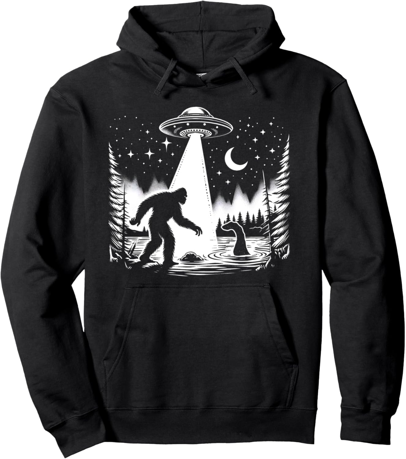 Cryptid Bigfoot, Loch Ness Monster, & UFO Alien Spaceship Pullover Hoodie