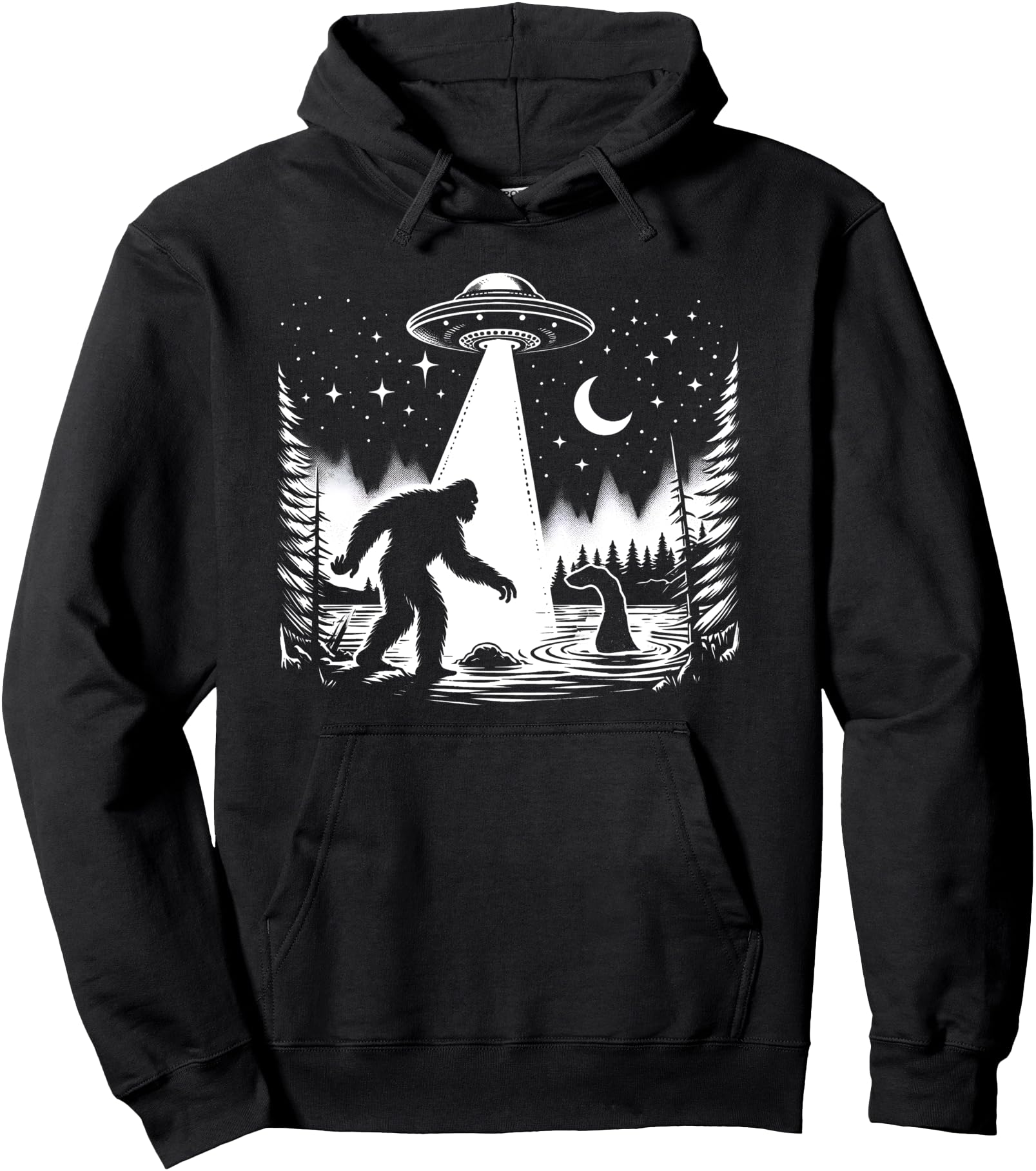 Cryptid Bigfoot, Loch Ness Monster, & UFO Alien Spaceship Pullover Hoodie