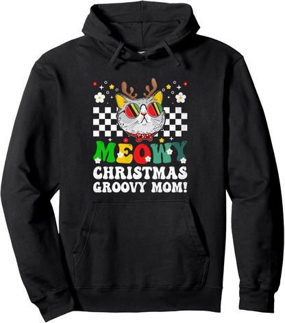 Christmas Cat Mom Retro Groovy Cats Adoption Holiday Pullover Hoodie