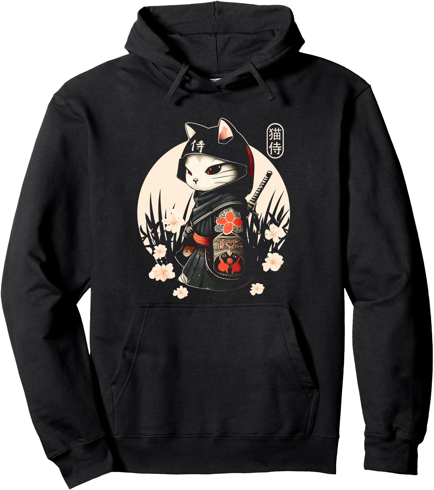 Japanese Samurai Cat Tattoo, Kawaii Ninja Cat Pullover Hoodie