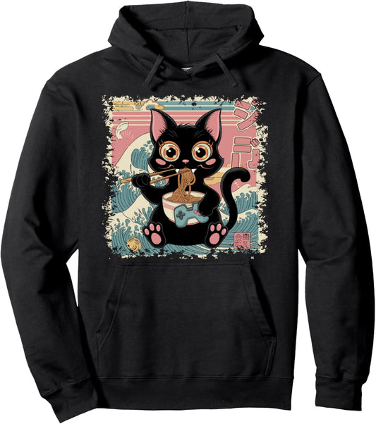 Cat Ramen Gaming Japanese Funny Graphic Kawaii Cat Anime Pullover Hoodie