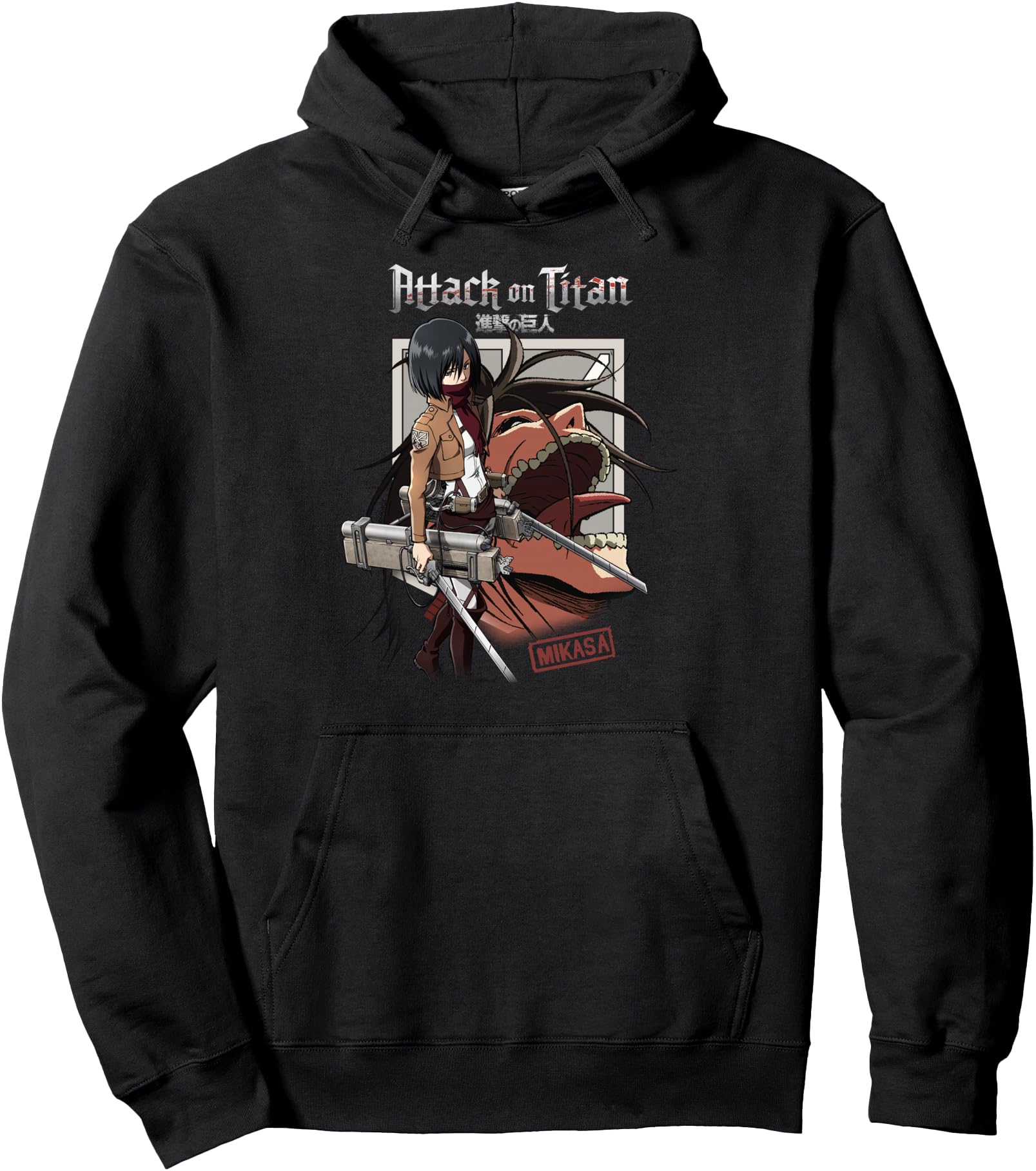 Attack on Titan Mikasa with Titan and Shield Anime Pullover Hoodie
