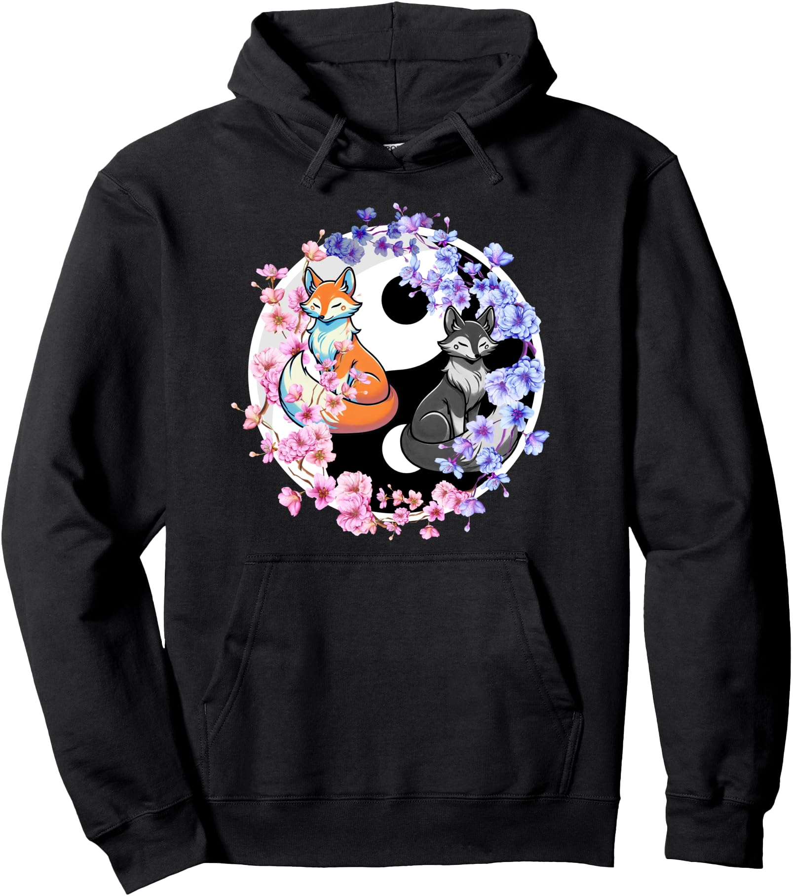 Japanese Kitsune Sakura Cherry Blossom Flowers Ying Yang Fox Pullover Hoodie