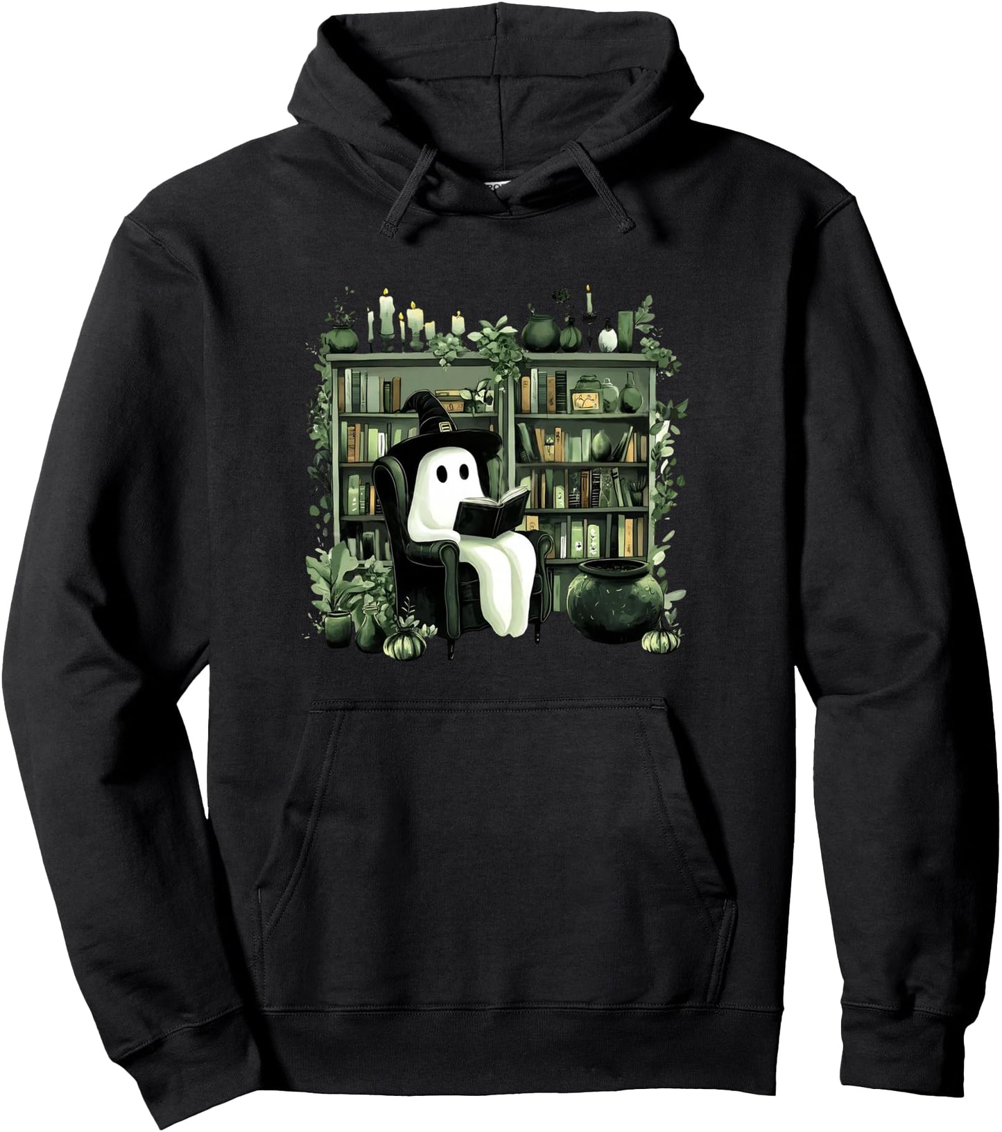 Green Bookshelf Witch Ghost Reading Books Plant Halloween Pullover Hoodie