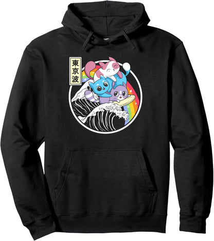 Playing Cats Surfing Kanagawa Wave Kawaii Anime Vaporwave Pullover Hoodie