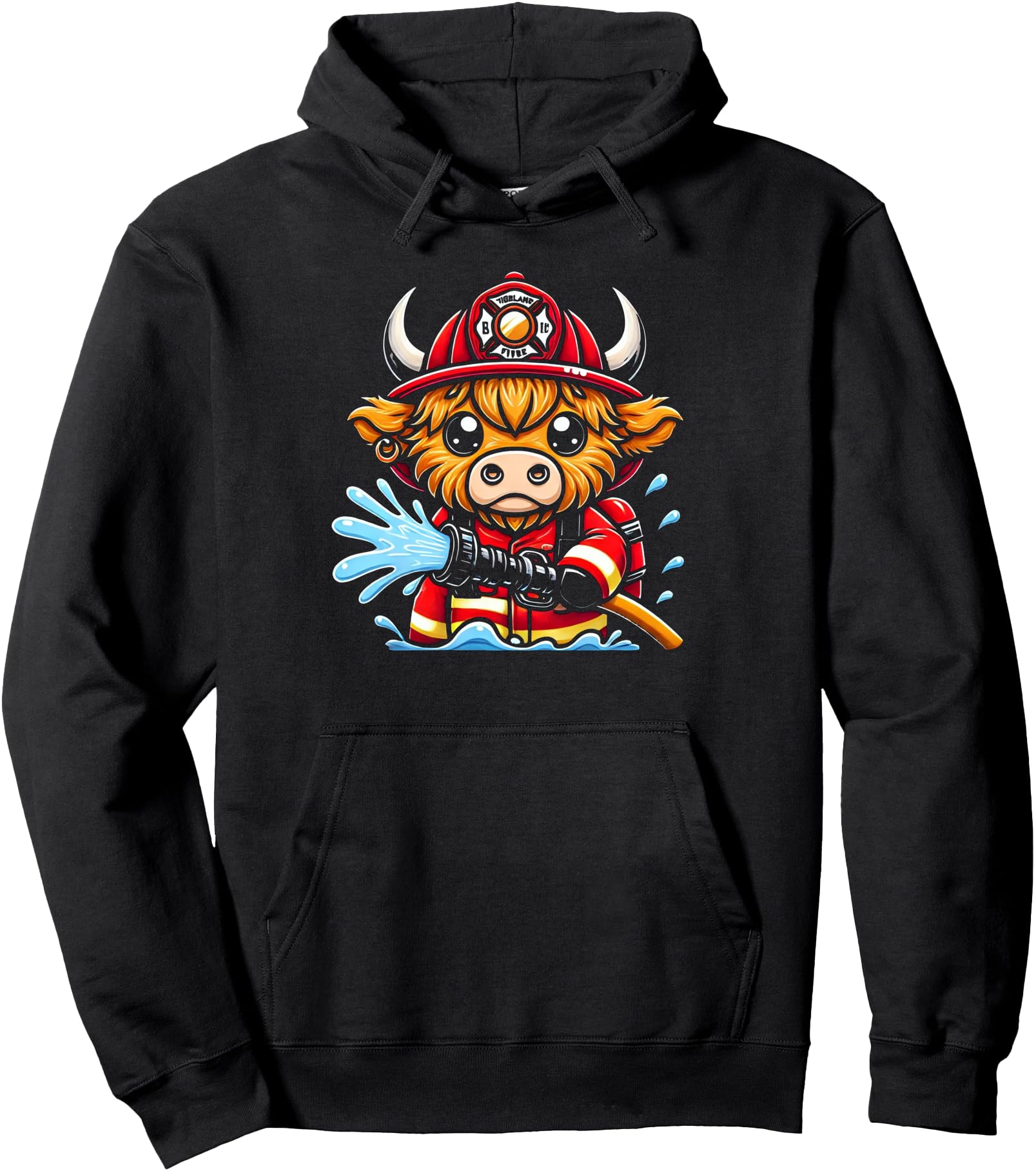 Cute Cartoon Highland Cow Firefighter Fireman For Children Pullover Hoodie