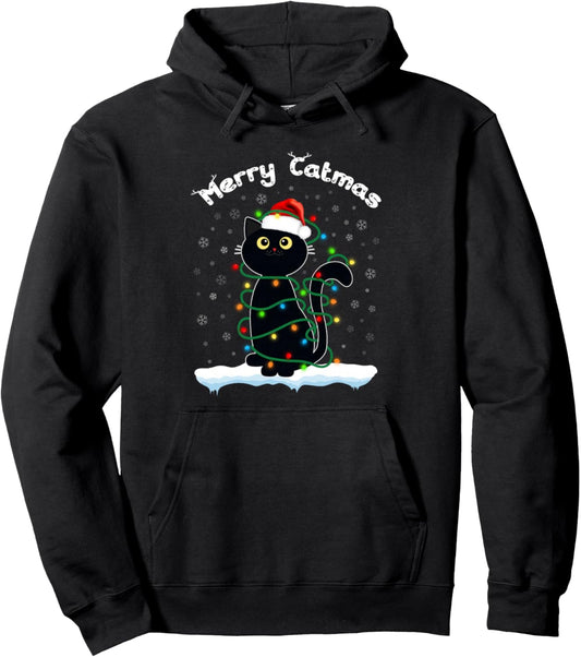 Cats With Santa Hat Merry Catmas Black Cat Christmas lights Pullover Hoodie