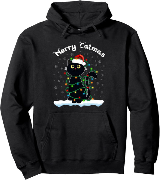 Cats With Santa Hat Merry Catmas Black Cat Christmas lights Pullover Hoodie