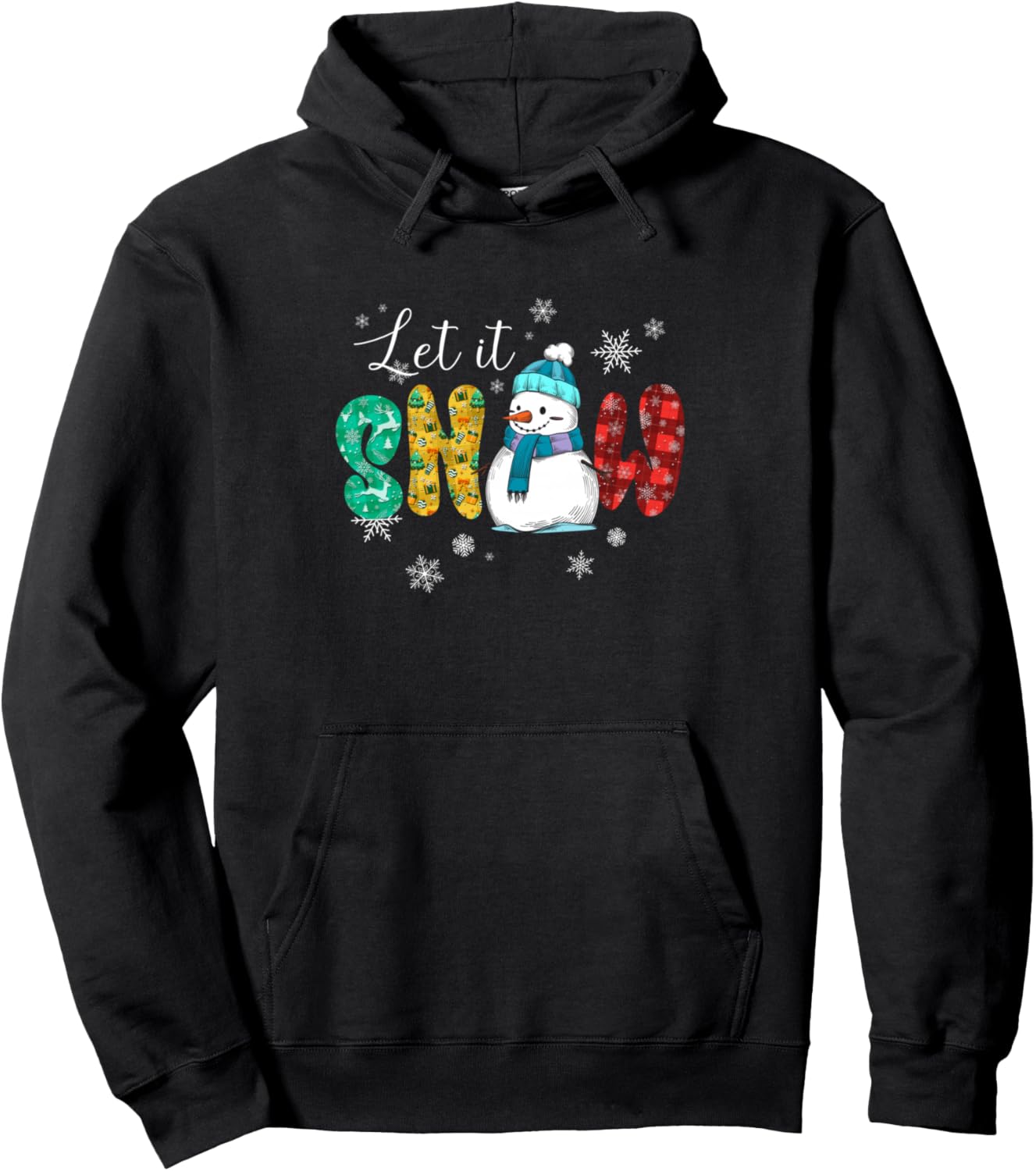 Let Snow Snowman Christmas Buffalo Plaid Santa Snowflakes Pullover Hoodie