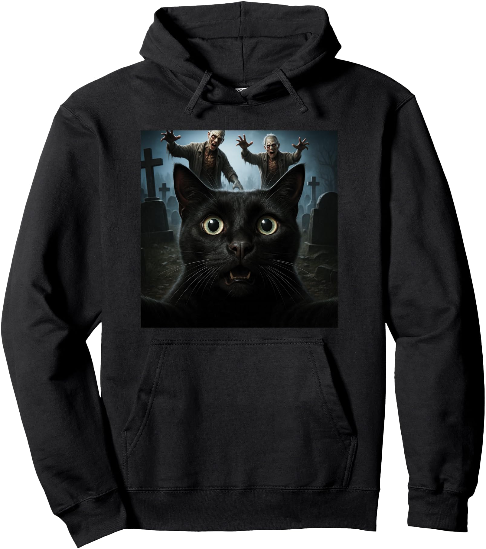 Funny Halloween Black Cat Zombie Graveyard Selfie Men Women Pullover Hoodie