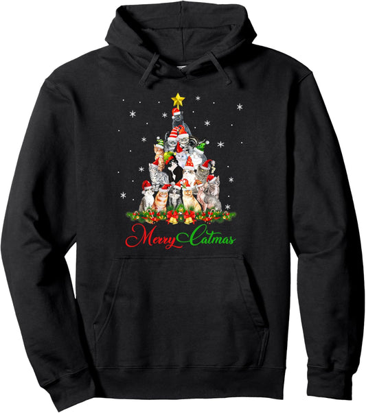 Christmas Cat Tree with Santa Hat Merry Catmas Funny Xmas Pullover Hoodie