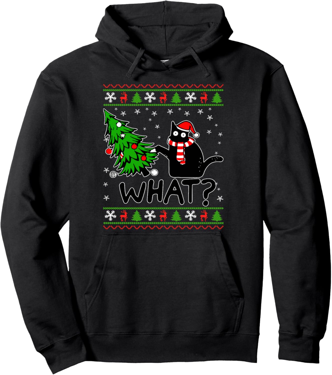 Cat What Funny Black Cat Pushing Christmas Tree Ugly Xmas Pullover Hoodie