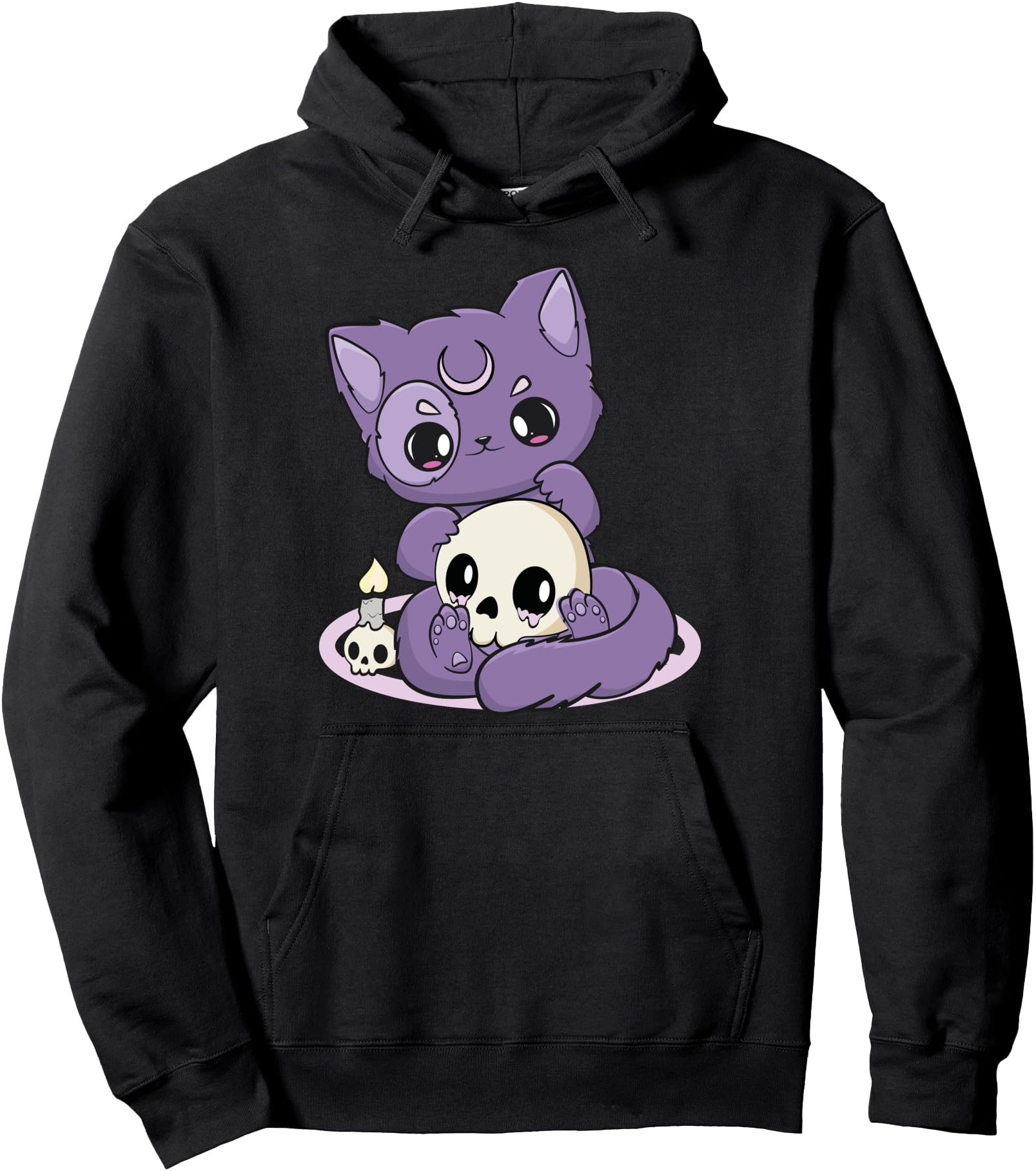 Kawaii Pastel Goth Cute Creepy Black Cat And Skull Anime Nu Pullover Hoodie