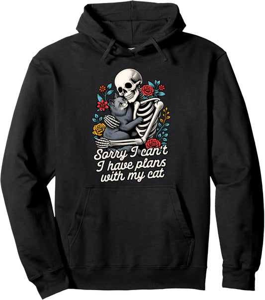 Cat Lover Cat Mom Skeleton I Can't I have Plans With My Cat Pullover Hoodie