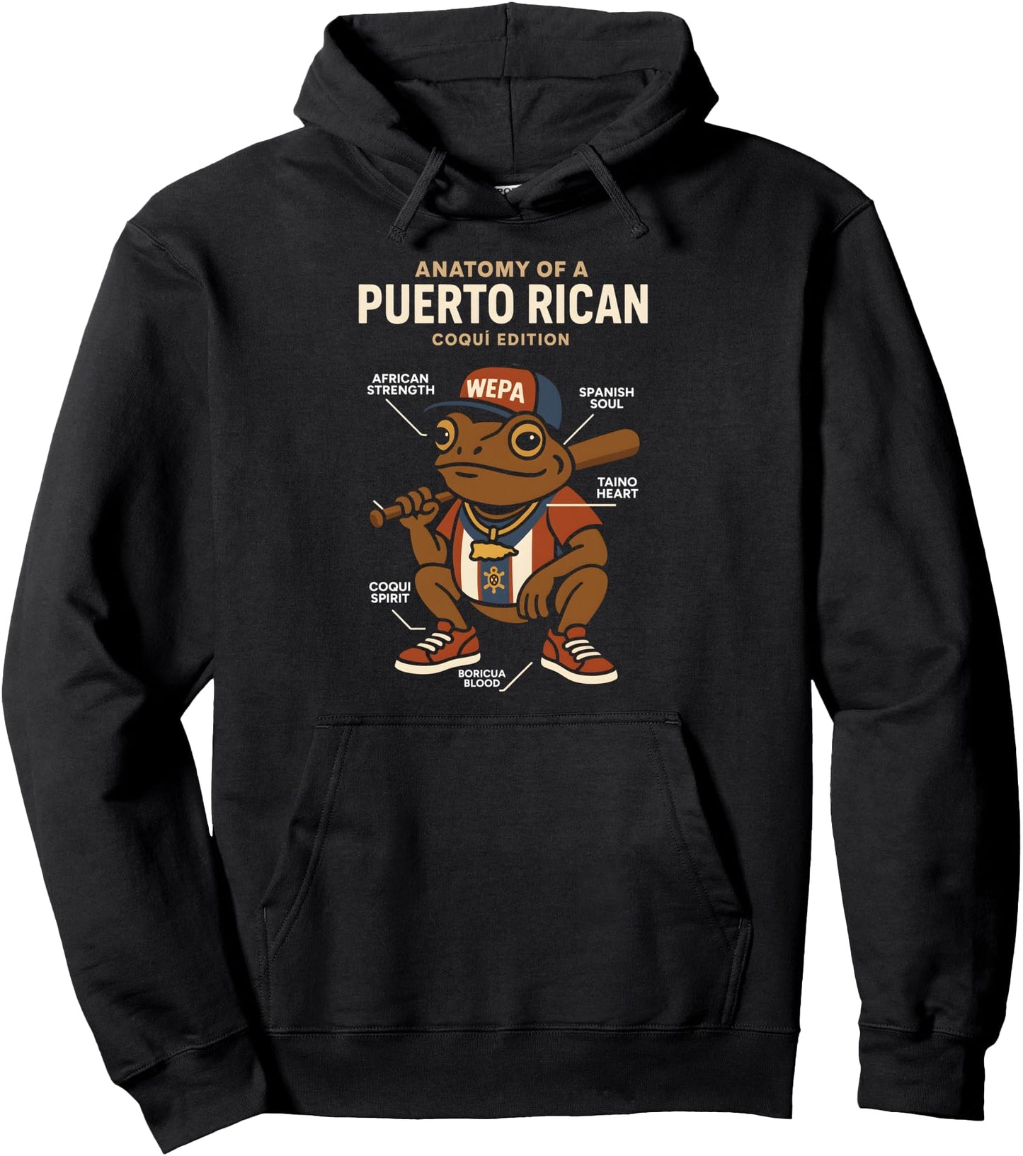Anatomy Of A Puerto Rican Coqui Baseball Cartoon Mascot Pullover Hoodie