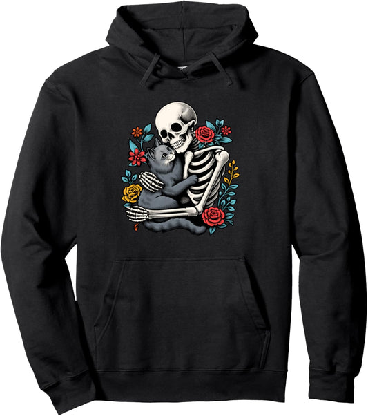 Cat Lover Cat Mom Halloween Vibes Skeleton Hugs Black Cat Pullover Hoodie