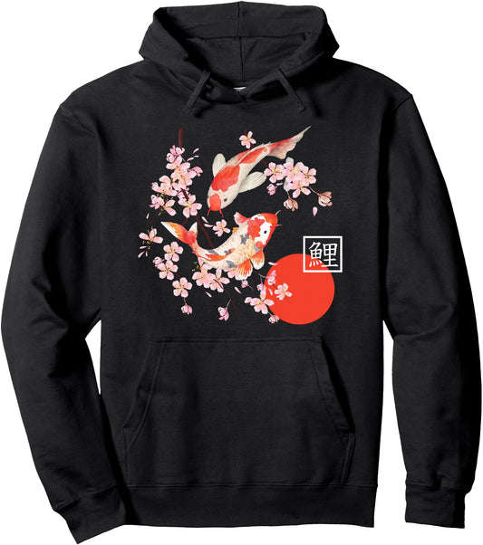 Cherry Blossom Koi Carp Fish Japanese Sakura Graphic Art Pullover Hoodie